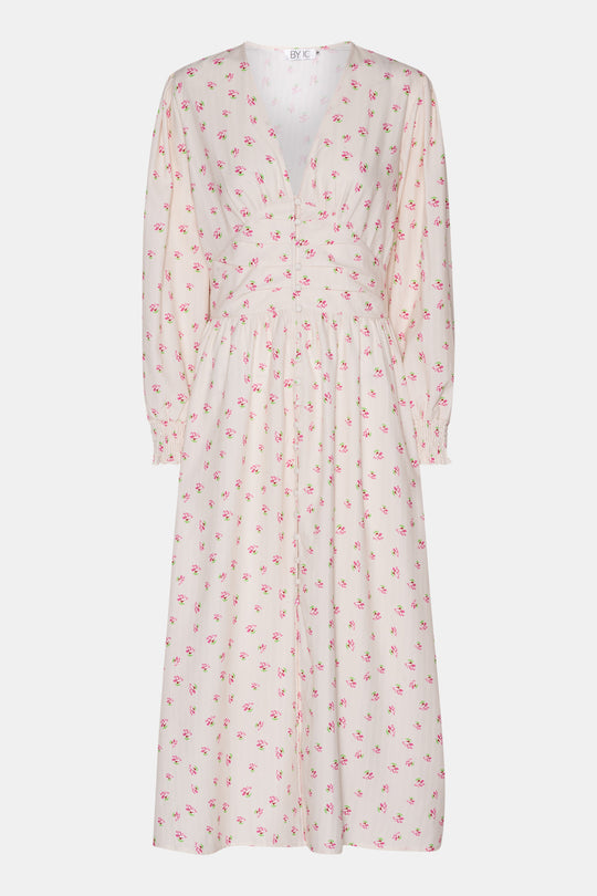 AdelIC Lange Jurk - Beige Roze Bloemenprint